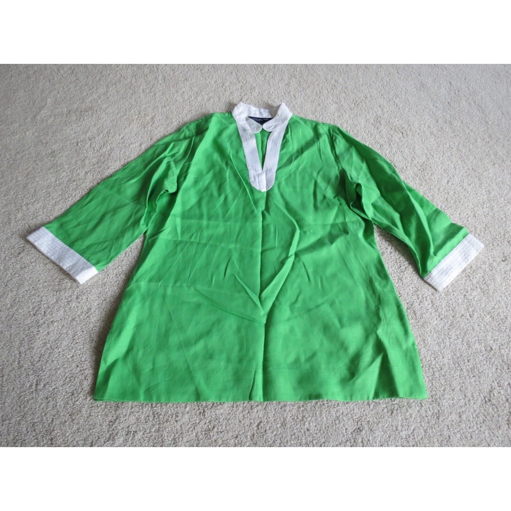 Jones New York Green Linen Tunic Blouse Large Contrast Trim 3/4 Sleeve Top